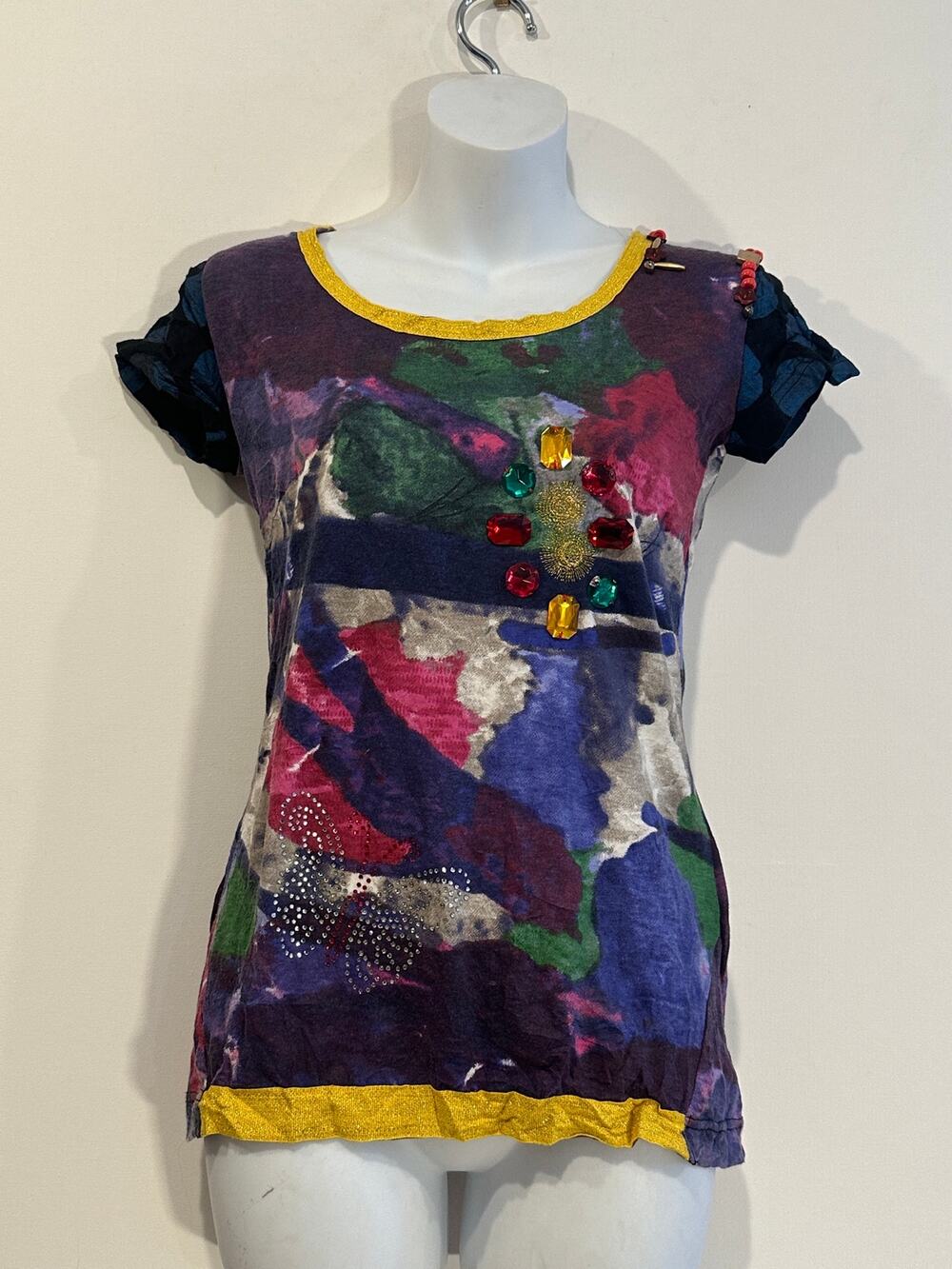 Vintage Desigual Watercolor Bejeweled Gemstone Cap Sleeve Mesh Tunic Top S